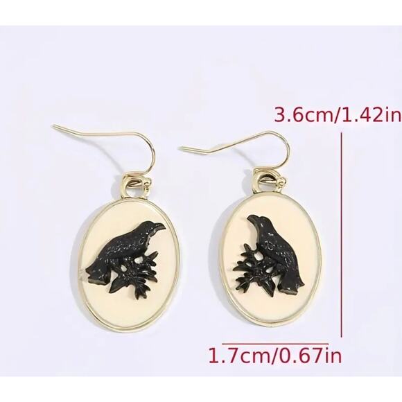 Black Crow Earrings Brass Finishing Oval Goth Grunge Retro Gothic Bird - Picture 3 of 7